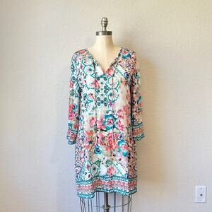 TOLANI Mini Dress Colorful Floral Silk 3/4 Sleeve V-Neck Bohemian Beach